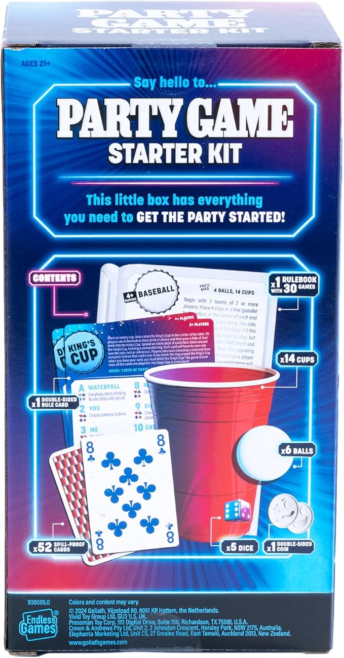Endless Games Party Game Starter Kit – 30 Fun Game Night Games & Supplies for Adults | 2+ Players | Includes Cups, Dice, and Cards | Ages 21+