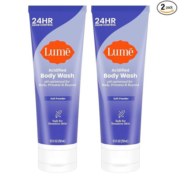 Lume Acidified Body Wash for 24 Hour Odor Control - Removes Odor Better than Soap - Hydrating Formula - Formulated without SLS or Parabens - Safe for Sensitive Skin - 8.5 Ounce - 2 Pack (Soft Powder)