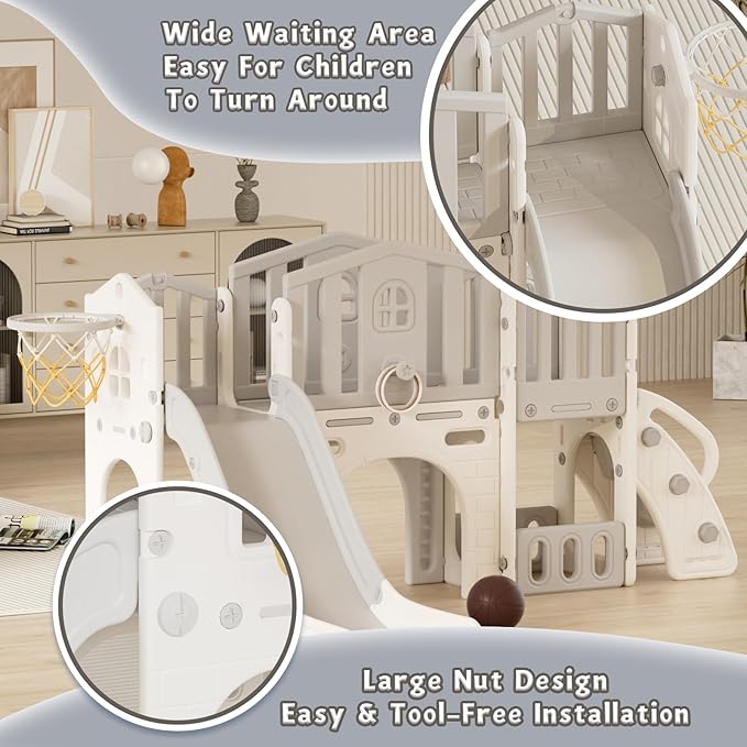 YUFU 9 in 1 Toddler Slide, Kids Slide for Toddlers Age 1-3, Toddler Climber Slide with Ring Toss, Tunnel, Corridor and Basketball Hoop, Toddlers Indoor Outdoor Playset (Beige+Gray)