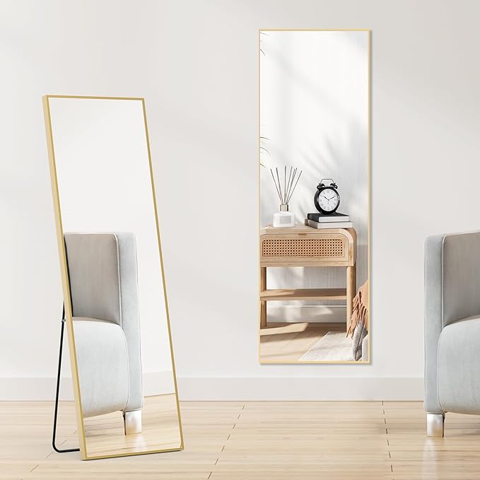 OLIXIS 59"x16.6" Full Length Mirror, Full Body Mirror with Stand | Aluminum Alloy Thin Frame, Free Standing Mirrors for Bedroom, Hanging or Leaning Floor, Living Room Bedroom, Gold