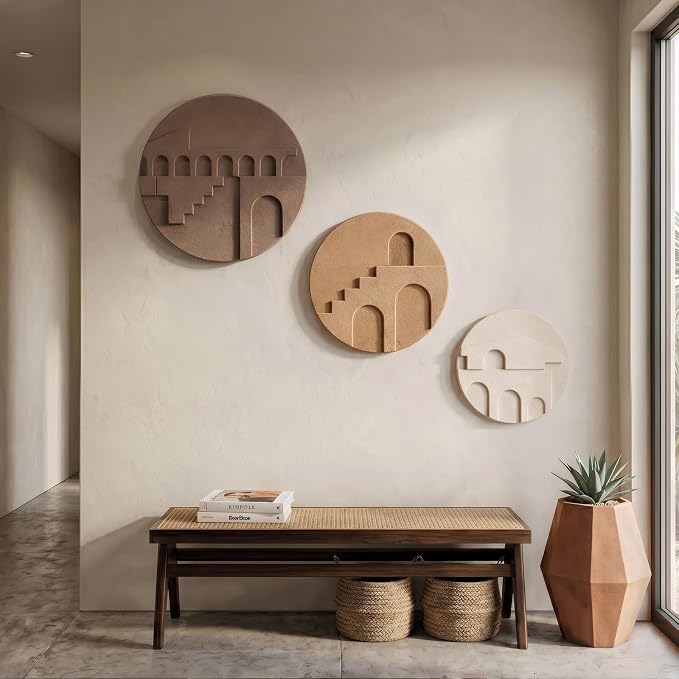 3D Textured Round Neutral Abstract Wall Art Set, 3 Piece Mid-Century Modern Geometric Sculpture Artwork for Walls, Minimalist Boho Earth Tone Paintings for Living Room Dinging Room Bedroom Wall Decor
