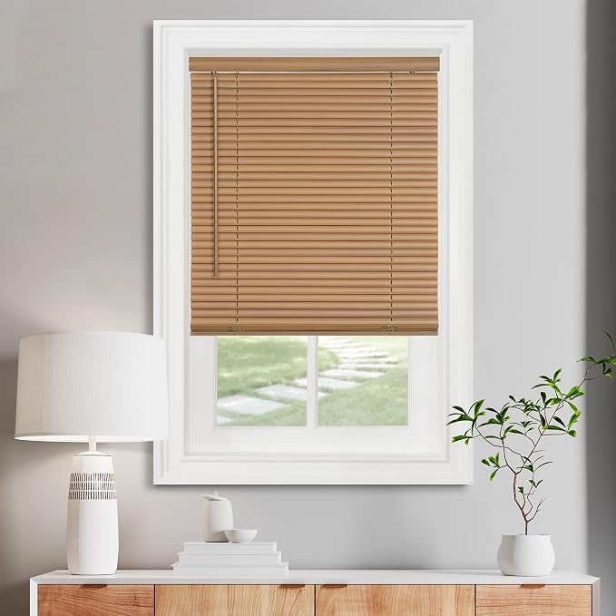 Cordless Light Filtering Mini Blind - 32 Inch Width, 72 Inch Length, 1" Slat Size - Woodtone - Cordless GII Morningstar Horizontal Windows Blinds for Interior by Achim Home Decor