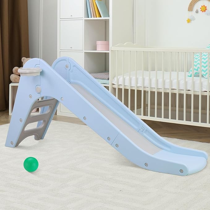 Arlopu Freestanding Kids Slide, Toddler Slide Climber with Basketball Hoop & Ball, Baby Playset w/Long Slope, for Boys and Girls Birthday, Sturdy Playground Toy for Indoor Outdoor Age 3+ (Sky Blue)