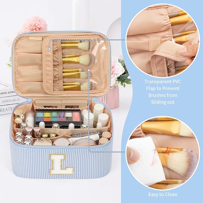 OCHEAL Makeup Bag Valentines Day Gifts for Women, Monogram Cosmetic Bag Blue Travel Makeup Case Beauty Toiletry Bag Organizer Personalized Gifts for Girls Bridesmaid, Sister, Wife, Friends Initial L