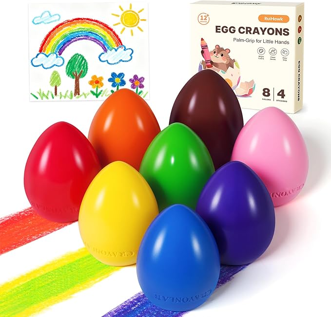 Egg Crayons for Toddlers 1-3, 8 Pack Jumbo Palm Grasp Crayons with Anti-Roll Flat Bottom & Fruit Patterns, Washable, Non-Toxic & Unbreakable Art Supplies Gifts for Boys Girls