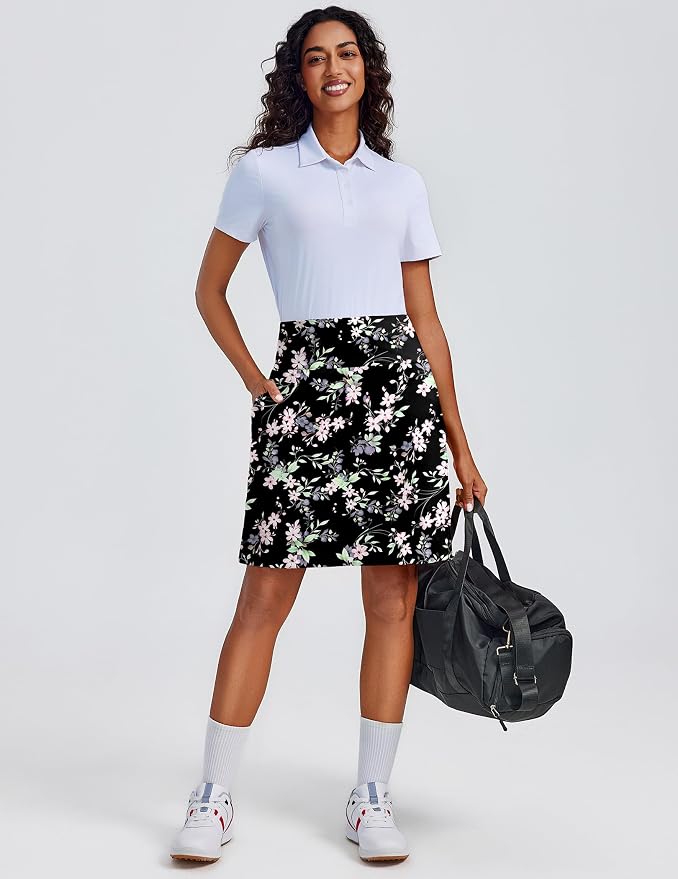 PINSPARK 20" Skorts for Woman Knee Length UPF 50+ Golf Skirts | 4 Pockets, Built-in Shorts, High Waisted, Split Hem, Silky-smooth, Moisture-wicking, for Golf Athletic Tennis Workout Casual