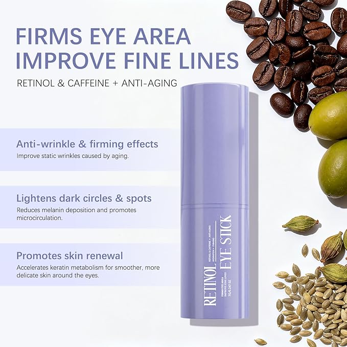 Retinol & Caffeine Eye Balm Stick for Dark Circles, Puffiness, Fine Lines and Eye Bags, Anti Aging Under Eye Cream Smooths Wrinkles Moisture Stick (0.24oz/7g)