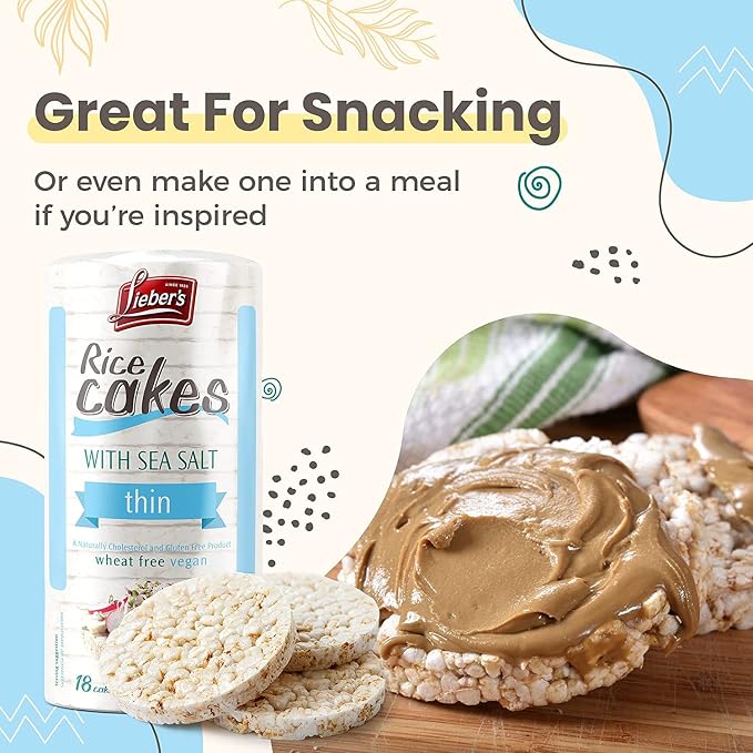 Lieber's Thin Rice Cakes, Sea Salt, Gluten Free, Vegan, 6 Pack | Whole-grain Brown Rice Snack, Kosher Certified, Dairy Free and Wheat Free, Crispy, Crunchy with 60 Calories or Less per Cake