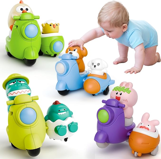 Press and Go 4-Pack Animal Car Toys for Toddlers 1-3, Dinosaur Toy Push Cars for 1 Year Old Boys Girls - Baby Toys 12-18 Months, Safe Push & Go Vehicles for 1st Birthday Gifts & Christmas.