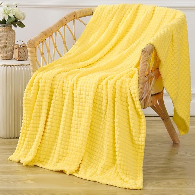 Puncuntex Fleece Throw Blanket Bright Yellow 60"×80"with Square Grid Design | Super Soft Plush Cozy Flannel Throw Blanket Luxury for Couch Sofa Chair
