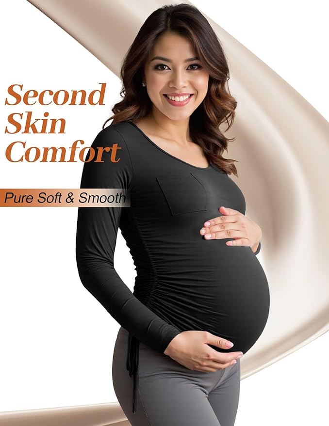 Fotociti Maternity Shirts Long Sleeve, Pregnancy Side Ruched Tops,Women’s Clothes for Mama Work Casual Yoga Wearing