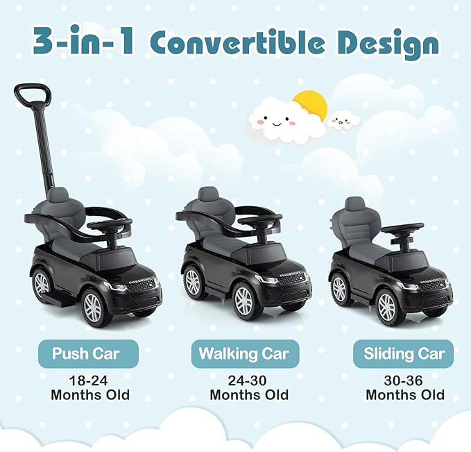 Costzon Push Car for Toddlers, 3 in 1 Land Rover Discovery Stroller Sliding Walking Car with Handle, Horn Sound, Underneath Storage, Armrest Guardrail, Foot-to-Floor Ride On Toy for Boys Girls (Black)