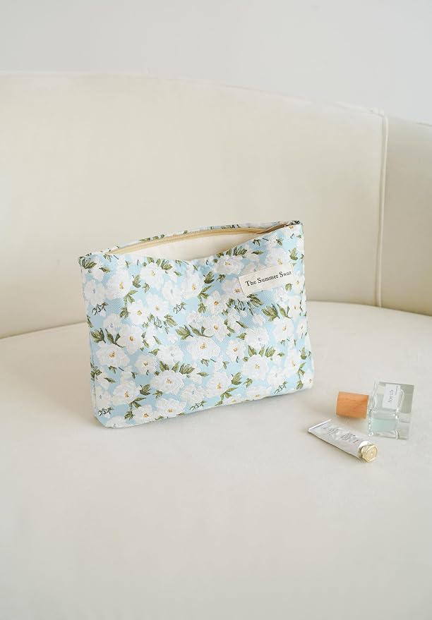 The Summer Swan Large Aesthetic Makeup Bag | Floral Makeup Bag | Mid-Day Clutch | Period Kit Bag | Hygiene Bag | Skincare Bag (White Jasmine)