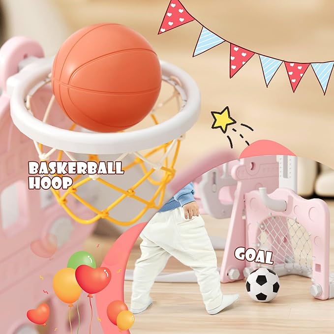 XJD 6-in-1 Toddler Slide and Swing Set, Kids Slide for Toddlers Age 1+, Toddler Outdoor Playset with Basketball Hoop, Football Frame, Swing, Outdoor Indoor Playground for Toddlers 1-3 (Pink)