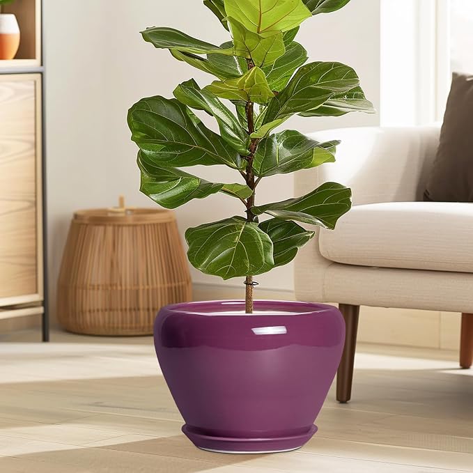 Ceramicfor 10 Inch Plant Pot - Ceramic Planter with Drainage Hole and Saucer, Round Modern Flower Pot for Indoor Outdoor Plants, Housewarming Gift, Home Garden Decor, Purple