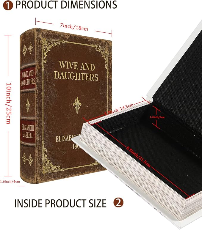 Vintage Faux Leather Decorative Book Box – Wooden Secret Storage Box with Magnetic Closure, Hidden Organizer for Bookshelf, Desk, or Office Decor (Wives and Daughters)