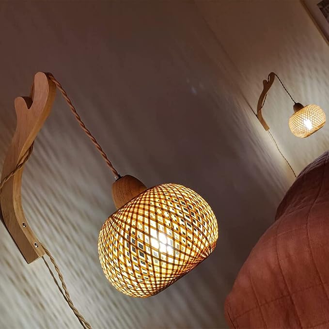 Frideko Bamboo Wall Sconces Set of Two Plug in, Boho Wall Lamp with Plug in Cord, Farmhouse Wall Light Fixtures with 9.84FT On/Off Switch Cord, Rattan Sconces Wall Lighting for Bedroom Living Room