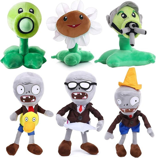 JHESAO 6 PCS Plants and Zombies Plush Sets Toy Peashooter, 1 2 Stuffed Soft Green Gatling Peashooter Doll Conehead Zombies, Nespaper Zombie PVZ Plush Figure Duck Zombie Doll New