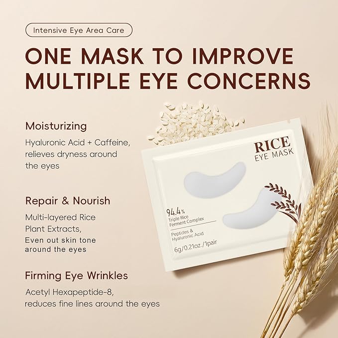 AKARY 5Pcs 94.4% Triple Rice Ferment Complex Under Eye Masks, Moisturizing, Firming, Glowing, Deeply Nourishing, Skin Moisture Barrier, Improve & Firm Eye Skin Eue Pathes for Dark Circles & Fine Lines