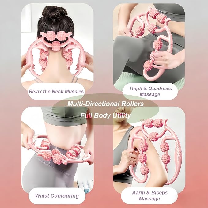 Full Body Massage Tool with 9 Rollers, Pink Manual Massager for Neck, Shoulder, Back, Arms, Legs, 25cm Length, Double Massage Area Design