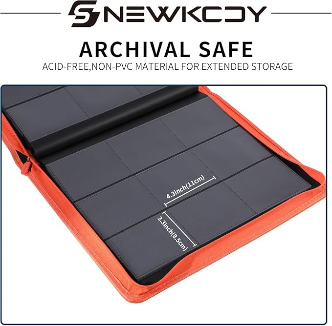 Snekdy Top loader Binder, 9 Pockets Top Loader，Holds 360 Top Loaders cards, Card binder with Sleeves for card in 3 x 4 inches color smooth Zipper PU Leather (Orange)