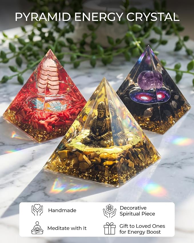 Orgone Pyramid with Healing Crystals - (Buddha, Golden) - Energy Generator for Positive Vibe, Stress Relief & Chakra Reiki Meditation - Pyramid Decor - Spiritual Gift for Success, Wealth & Prosperity