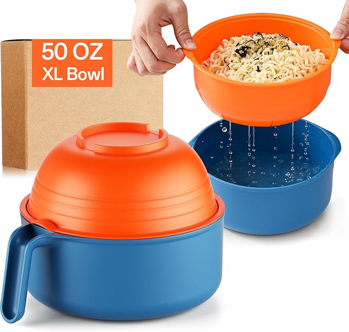 MEACOLIA Jumbo 50 oz Microwave Ramen Cooker Bowl | with Lid & Drain Strainer, Spill-Free, Rapid Noodle Pasta Cooker, College Dorm Essentials for Girls Guys, Apartment Friendly