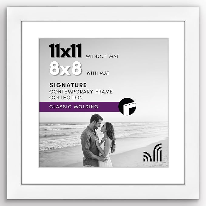 Americanflat 11x11 Picture Frame with Shatter-Resistant Glass - Use as 8x8 Frame with Mat or Display 11x11 Photo Without Mat - Signature Collection - Square Frames for Wall Display - White | Shatter-resistant glass, sawtooth hangers included, use with ...