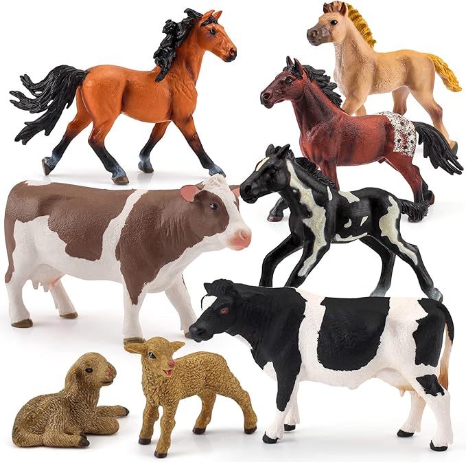 LC JoyCre Farm Animals Playset 8PCS Cows Sheep Horses Toys Playset for Toddlers Holstein Simmental Cow Figure Lamb Figure Appaloosa Foal Model Kids Birthday Party Collection
