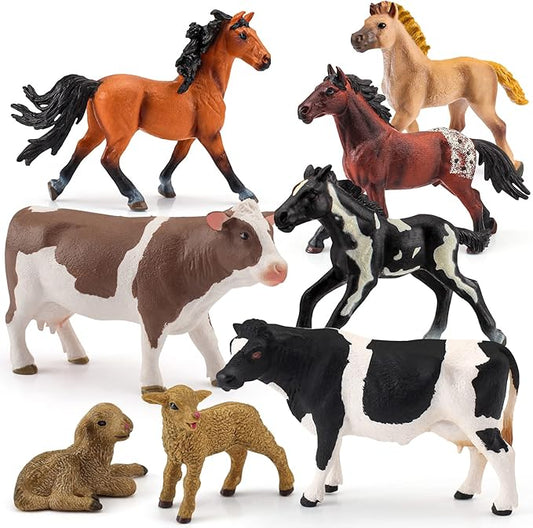LC JoyCre Farm Animals Playset 8PCS Cows Sheep Horses Toys Playset for Toddlers Holstein Simmental Cow Figure Lamb Figure Appaloosa Foal Model Kids Birthday Party Collection
