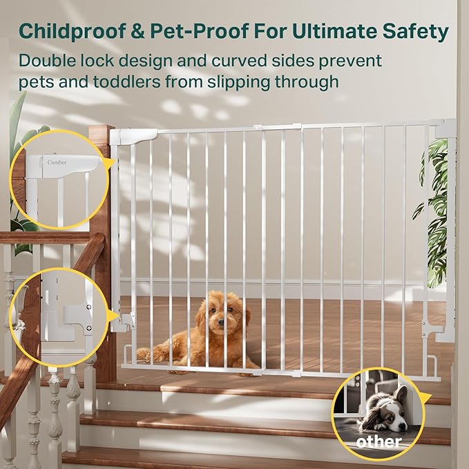 Cumbor 34" Extra Tall Baby Gate for Stairs, Hardware Mounted (Drill Required), Expandable 31.6-48" No Bottom Bar Dog Gate Indoor for Larger Pets, Large Walk Thru Door for Easy Access (White)