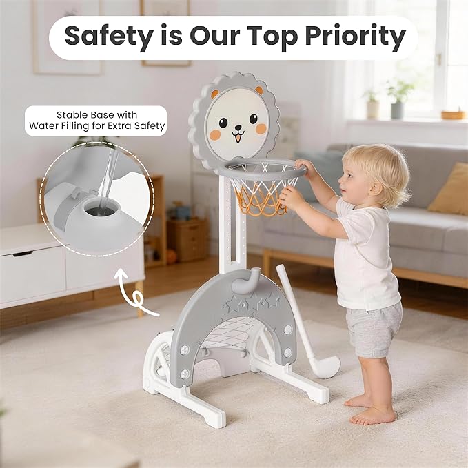 4-in-1 Toddler Basketball Hoop Adjustable Height Indoor Outdoor Sports Center for Kids Aged 1-3 Basketball, Soccer, Hockey & Ring Toss, Grey and White
