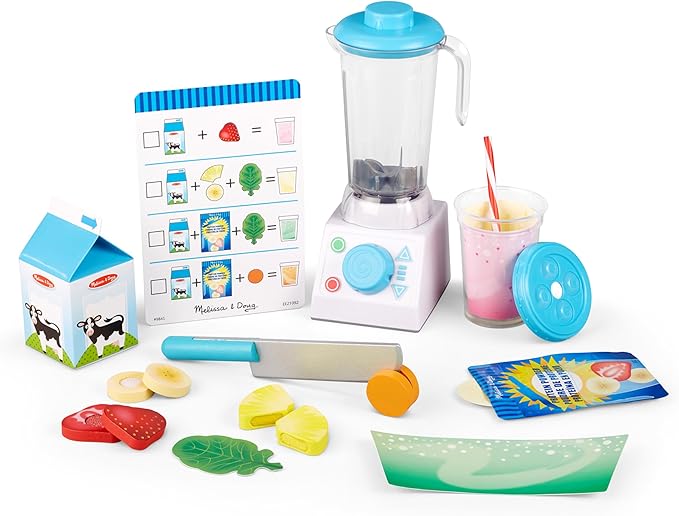 Melissa & Doug Smoothie Maker, Working Pretend Play Blender Set with Toy Food & Play Kitchen Accessories, Preschool Learning Toys for Girls & Boys 3+