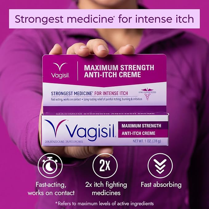 Vagisil Maximum Strength Feminine Anti-Itch Cream with Benzocaine for Women, Helps Relieve Yeast Infection Irritation, Gynecologist Tested, Fast-acting, Soothes and Cools Skin, 1 oz (Pack of 4)