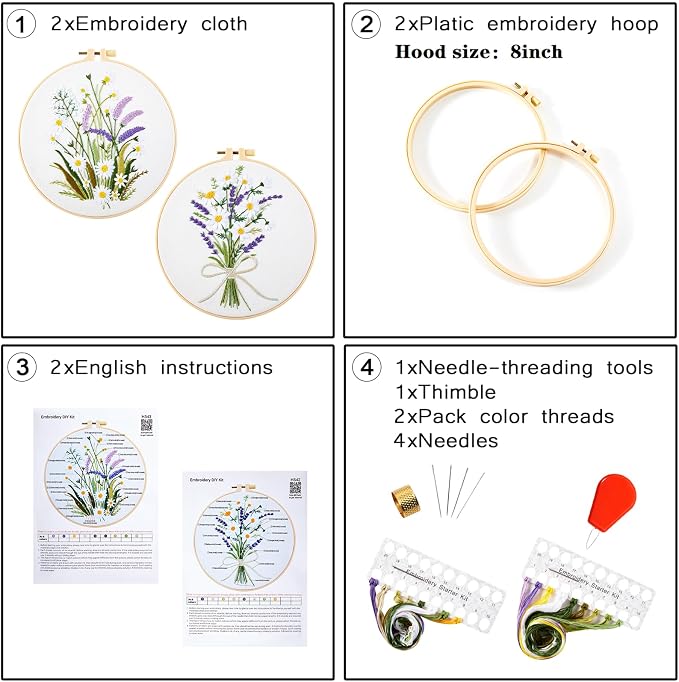 Embroidery Kits for Beginners Adults, Floral Hand Embroidery Set Needlepoint Kits, Flowers Stamped Cross Stitch Kits for Beginners Adults, 2 Embroidery Hoops, Fabric, Thread (Attached Video Tutorial)