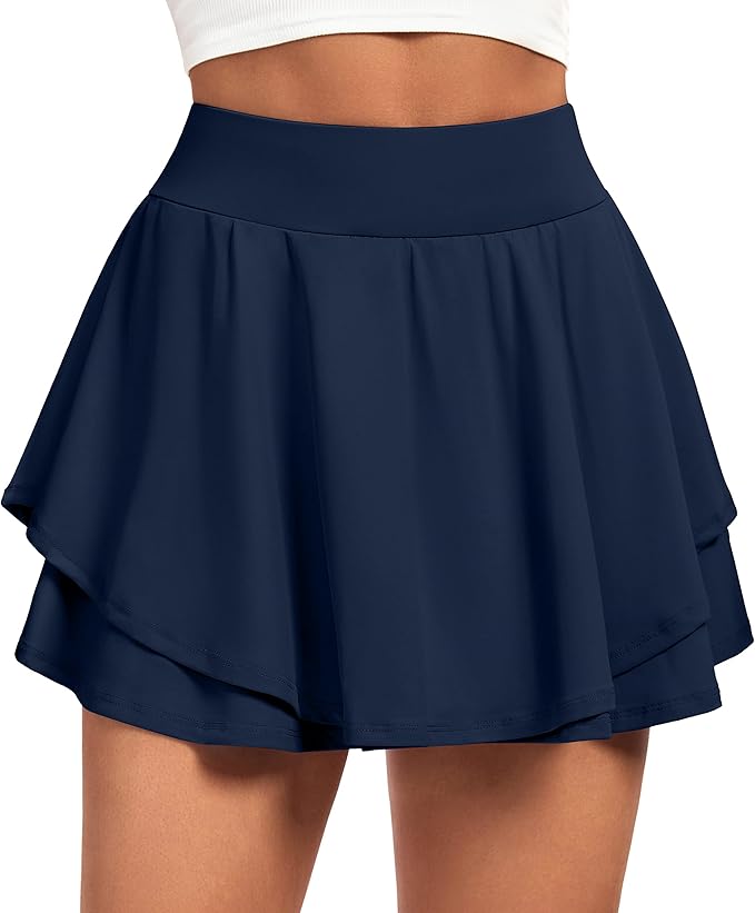 IUGA Tennis Skirt Pleated Skorts for Women with Pockets Skirts for Women | Double Ruffle Skort , Built-In Shorts, 2 Pockets, Tummy Control Breathable, Quick-dry, for Golf, Athletic, Running, Workout