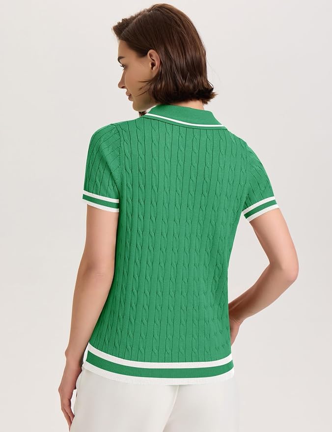 Micoson Womens Short Sleeve Sweater Tops Lapel V Neck Polo Shirts 2026 | Summer Cable Knit Loose Blouses, Business Casual Outfits