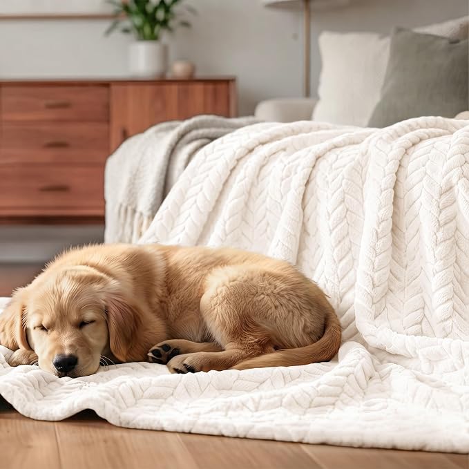 Exclusivo Mezcla Soft Fleece Bed Blanket Queen Size, 90”x90”, Off White | Cozy Fluffy Lightweight Blankets for Summer, Decorative Plush Flannel Throws for Living room, Bedroom with Leaves Pattern