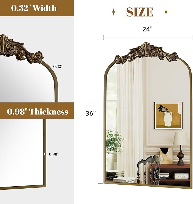 Dewfig Antique Arched Wall Mirror, 36"x24" Vintage Bronze Bathroom Mirror | Ornate Baroque Metal Frame Brass Mirror, Victorian Antique Bronze Mirrors for Living Room, Bathroom, Fireplace, Wall Decor