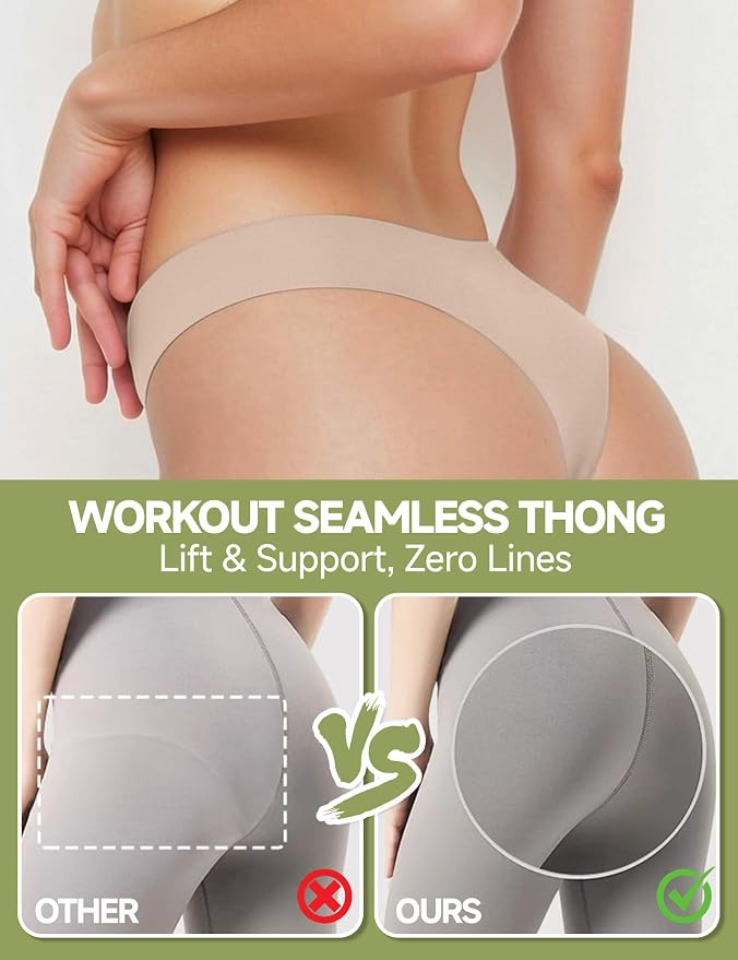 Seamless Thongs for Women No Show G-String Thong Breathable Cotton Panty Liners Underwear for Yoga Workout Gym