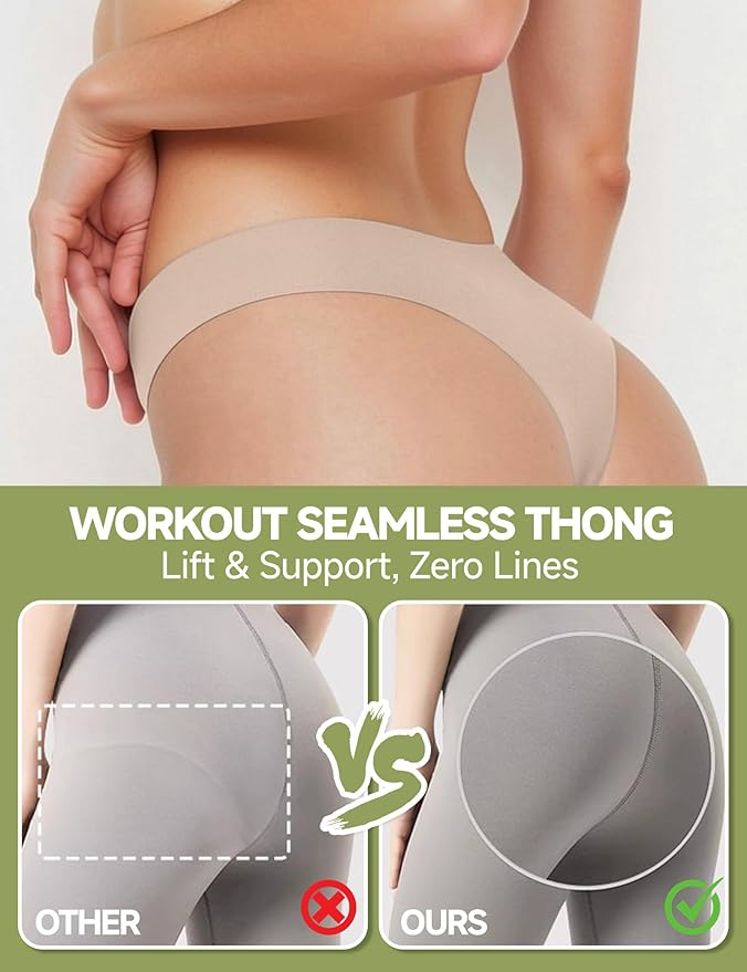 Seamless Thongs for Women No Show G-String Thong Breathable Cotton Panty Liners Underwear for Yoga Workout Gym