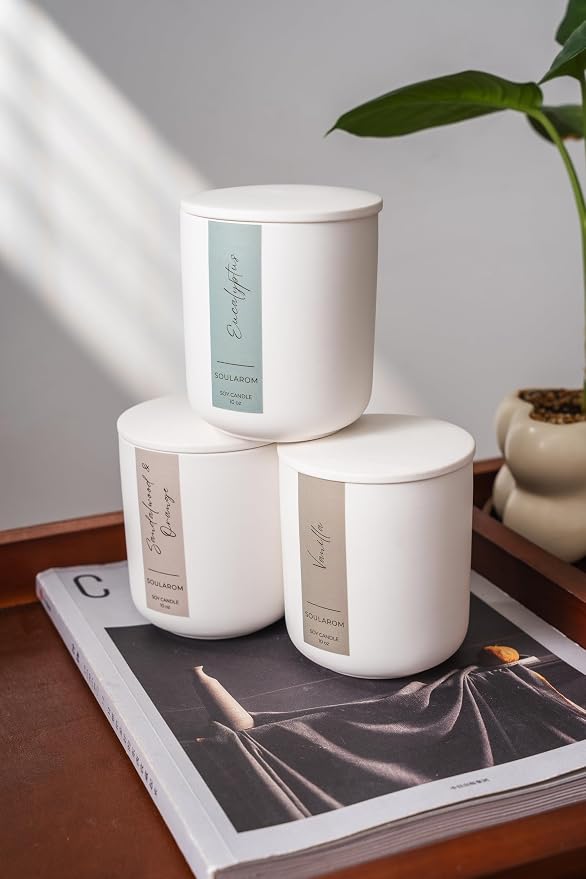 Candles for Home Scented – 10oz Hand Poured Aromatherapy Sandalwood and Orange Candle Soy Wax Candles in Elegant Ceramic Jar – Crackling Wooden Wick Decorative Candle with 60 Hours Burn Time