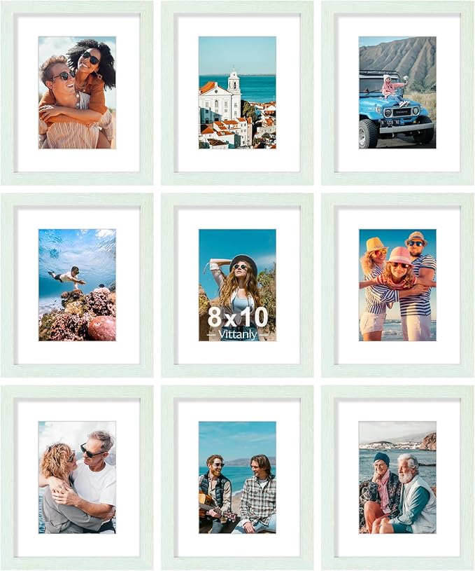 Vittanly 8x10 Picture Frames Set of 9, Wall & Tabletop, Vintage Green | Display Pictures 5x7 with Mat or 8x10 without Mat, Small Photo Frames, Engineered Wood with Shatter Resistant Plexiglass