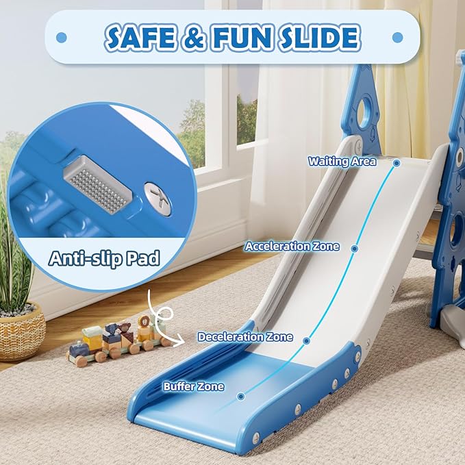 KORIMEFA 4-in-1 Kids Slide and Swing Set, Toddler Slide with Basketball Hoop, Swing, Outdoor Indoor Playground for Toddlers 1-3 Pine Shape Design(4 in 1-Blue)
