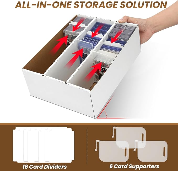 Trading Card Storage Box,3-Row 2100-Count PKMN Card Boxes For Sports Cards,Card Storage Box With 100 Soft Sleeves,16 Dividers,6 Support Bar,Case Box Fit for 35pt Magnetic Holders,toploader (2PACK)