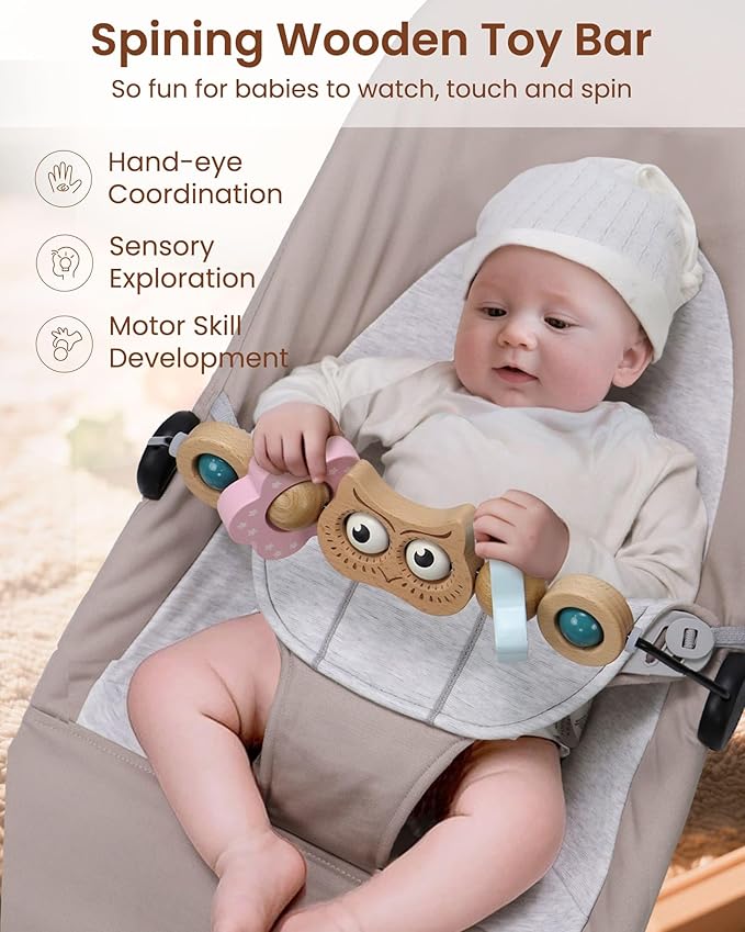 Baby Bouncer Toy Bar Wooden Compatible with Baby Bjorn Bouncer, Bouncer Toy Attachment, Tight and Secure Fit, So Fun to Watch, Touch and Spin for Babies All Ages (Wood Color Owl)
