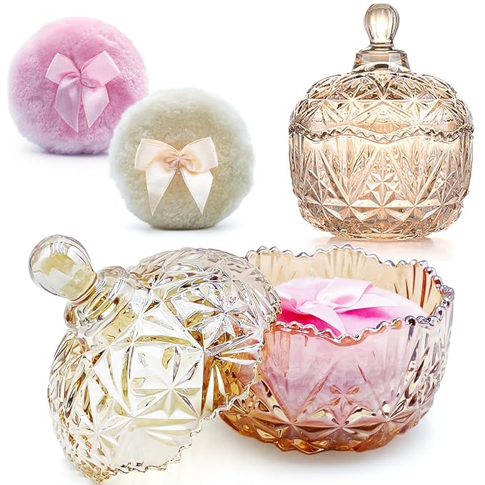 Body Powder Puff with 4“ Crystal Glass Storage Jar Including 1 Pink Puff and 1 Skin-Tone Puff Suitable for Loose Powder Soft Washable Reusable Fluffy Puff Perfect for Skincare(Crown-Amber)