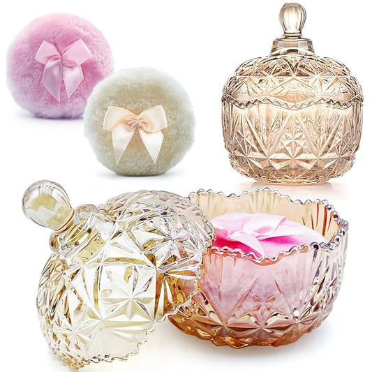 Body Powder Puff with 4“ Crystal Glass Storage Jar Including 1 Pink Puff and 1 Skin-Tone Puff Suitable for Loose Powder Soft Washable Reusable Fluffy Puff Perfect for Skincare(Crown-Amber)