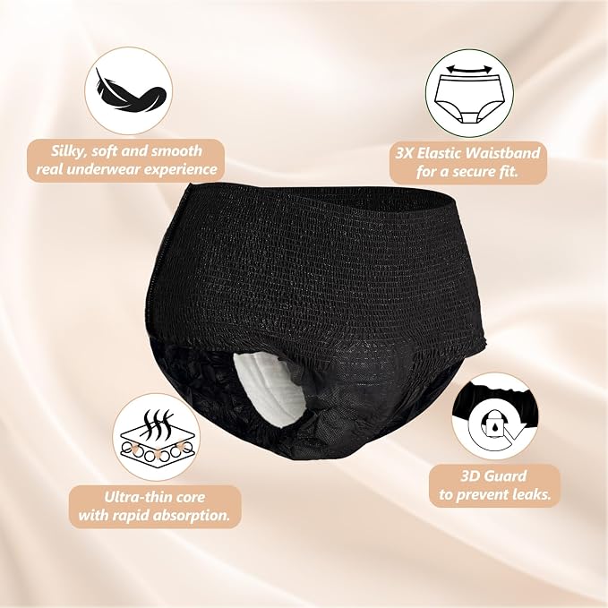 MOLLIS Disposable Period Underwear for Women, Postpartum Panties, Maternity Knickers Heavy Flow Leak Proof, Unscented, Black, Small/Medium, 16 Count
