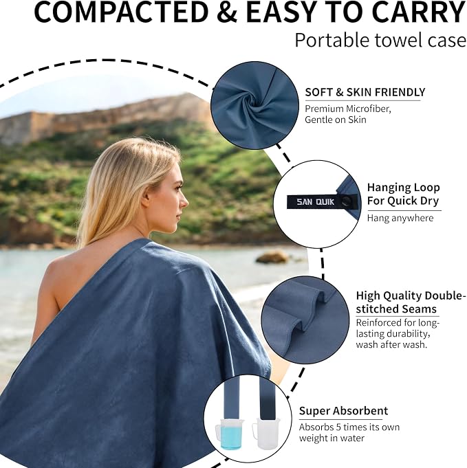 Quick Dry Camping Towel with EVA Case, Microfiber Travel Towel 3 Size at 1 Pack, Super Absorbent Lightweight Fast Drying Towel Set for Beach, Gym, Sports, Backpacking, Yoga & Swimming Pool, Navy Blue